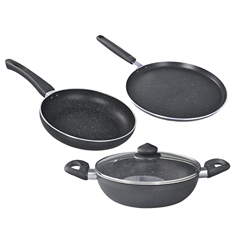Prestige Omega Deluxe Granite Aluminium 3 Pcs Set- Tawa, Fry Pan & Kadai with 1 Glass...