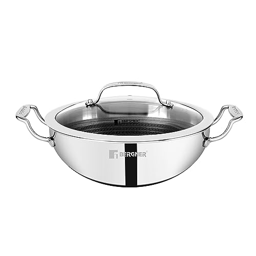 Bergner Hitech Triply Non-Stick 24 cm (2.5 L) Kadai with Flat Glass Lid, Kadhai with...