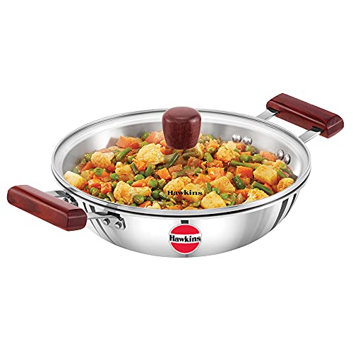 Hawkins 2.5 Litre Deep Fry Pan, Triply Stainless Steel Kadai with Glass Lid, Flat...